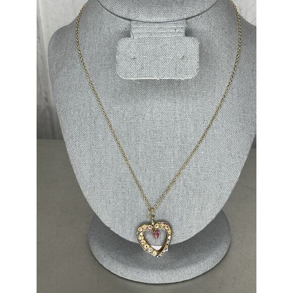 Vintage Heart Pendant Pink Aurora Borealis Rhinestones Double Sided Necklace - Picture 3 of 4
